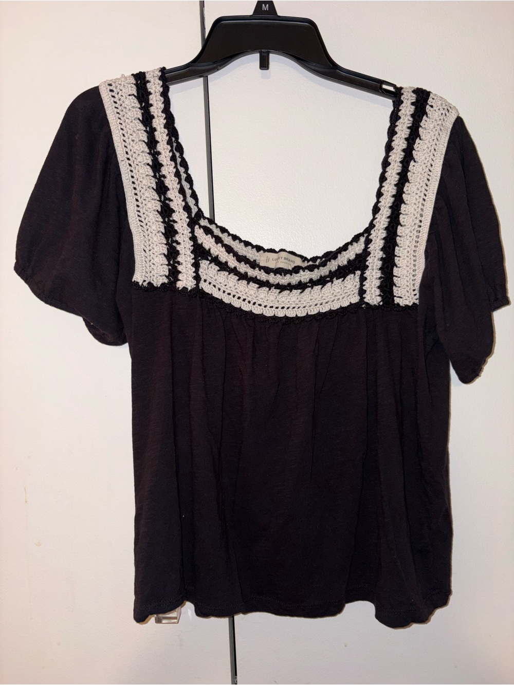 Lucky Brand Black Top with Cream Crochet Square Neck